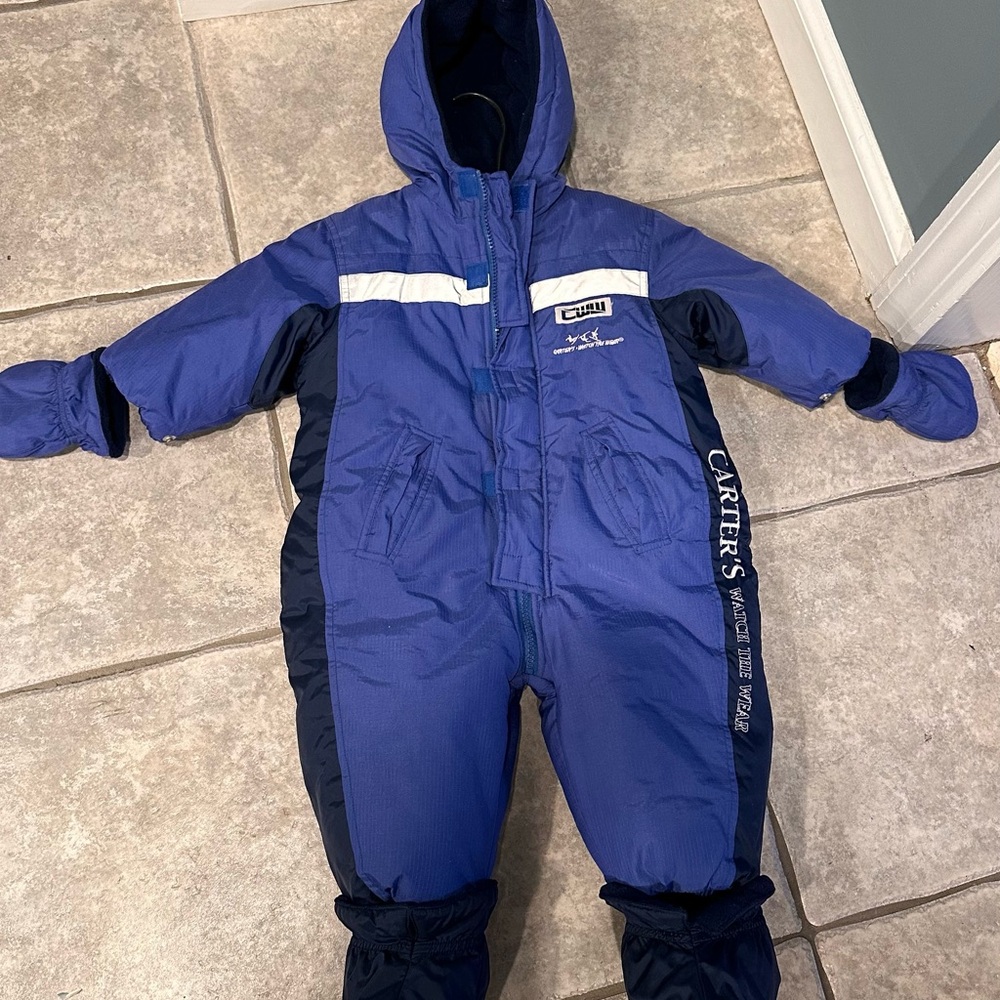 Carter's blue Snowsuit with Cozy Hood, mittens, foot covers. 18m